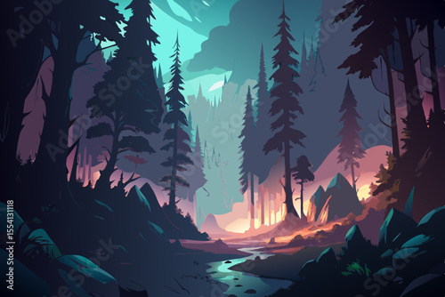 Stylized Forest Landscape with a Winding Stream and Towering Trees Featuring a Gradient Sky and a Palette of Blues Purples and Oranges Creating a Tranquil