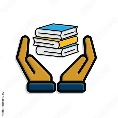 education icon. book or ebook in hand. three stacked books. smart. isometric design style