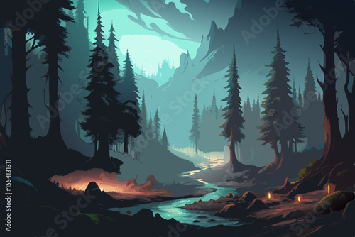 A serene and stylized landscape featuring a winding river flowing through a dense forest illuminated by soft light with distant mountains and a tranquil dreamlike