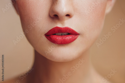 Beautiful lips of a young woman, painted with red lipstick.