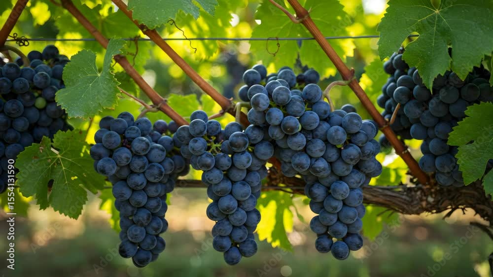Bunches of Ripe Dark Purple Grapes Hanging on Vine with Green Leaves Agriculture Vineyard Photo Perfect for Wine and Food Related Concepts Bunches of Ripe Dark Purple Grapes Hanging on Vine with Green Leaves Agriculture Vineyard Photo Perfect for Wine and Food Related Concepts