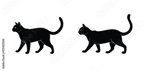 Graceful Cat Walking Flat Silhouette on White Background
