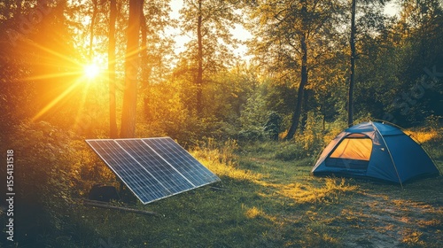 A solar panel is on the ground next to a tent
