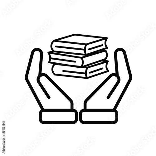 education icon. book or ebook in hand. three stacked books. clever. Outline design style