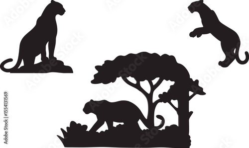 Jungle Leopard Silhouette Vector | Wild Animal and Tree Clipart Scene