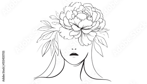 Continuous one single minimal line drawing woman with flower head