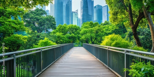 A bridge over a forest with a city in the background