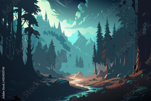 Serene Mountain Valley Stream Landscape Art tranquil forest scene with flowing stream mountain valley stream forest trees pine trees landscape nature scenic artwork digital art