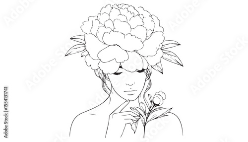 Continuous one single minimal line drawing woman with flower head