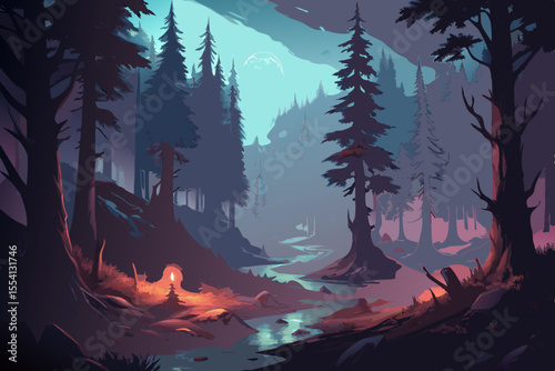 Enchanted Forest Stream at Night mystical forest scene with small fire and moonlit stream forest stream river night moon trees pine trees coniferous forest enchanted