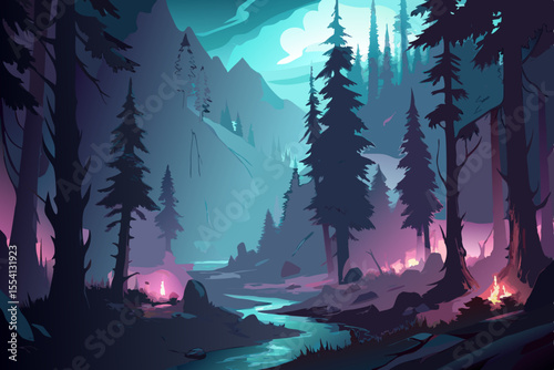 Enchanted Forest River Scene at Night mystical forest scene with river campfires and full moon forest river night moon trees campfire mountains enchanted mystical fantasy