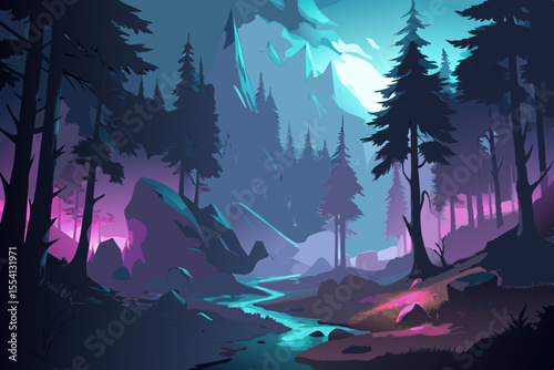 Enchanted Forest Stream at Night mystical forest scene with glowing stream forest night stream river mountains trees pine trees rocks purple pink blue cyan teal