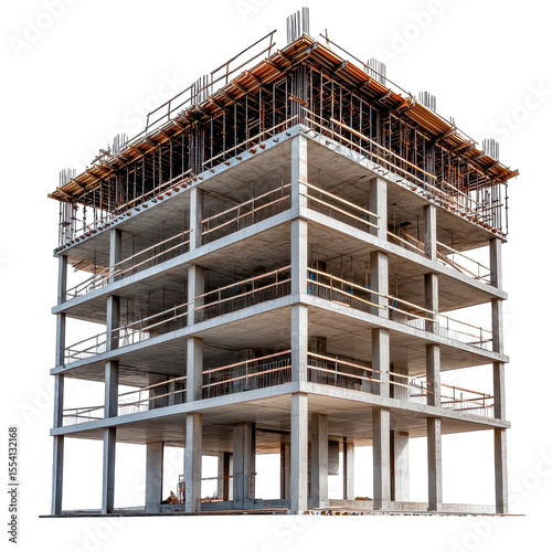 Concrete building under construction scaffolding framework isolated on a transparent background