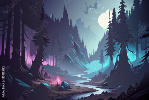 Enchanted Forest River Scene at Night mystical forest scene with river flowing under full moon enchanted forest fantasy forest magical forest moonlit forest night forest