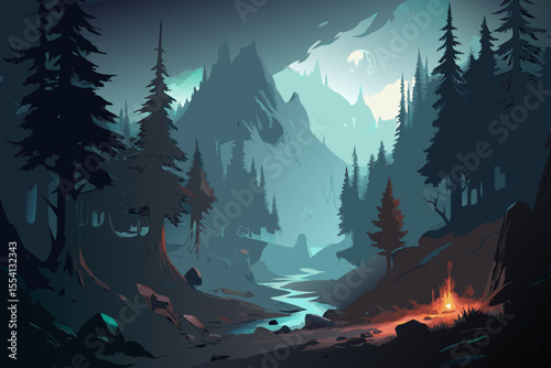 Serene Night in a Mountain Valley Campfire glows under moonlit sky beside tranquil stream mountain valley forest trees pine trees river stream campfire fire night