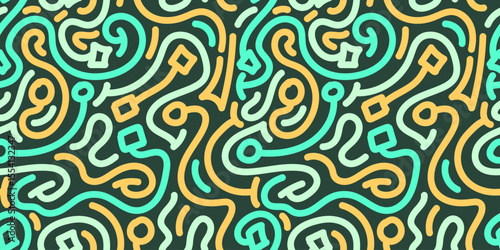 Yellow on Teal Swirl Doodle Pattern