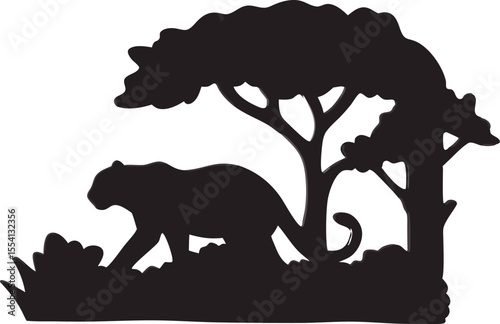 Jungle Leopard Silhouette Vector | Wild Animal and Tree Clipart Scene