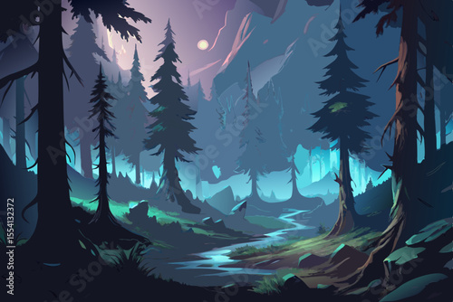 Enchanted Forest Stream at Night mystical forest scene with glowing stream forest night stream trees pine trees mountains moon enchanted magical fantasy illustration digital art
