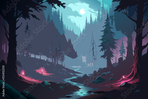 Enchanted Forest Stream at Night mystical forest scene with moonlit stream forest stream night moon trees enchanted mystical fantasy illustration digital art artwork painting nature