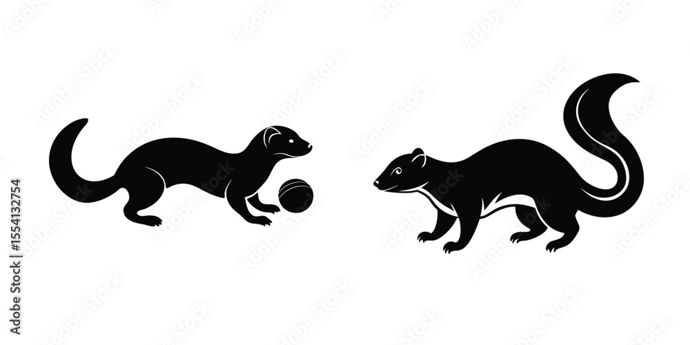Obraz premium Ferret Chasing Ball Flat Silhouette on White Background