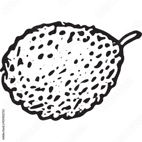 A hand-drawn sketch of a textured custard apple with spiky skin, ideal for tropical fruit art, healthy food designs, or exotic culinary illustrations
