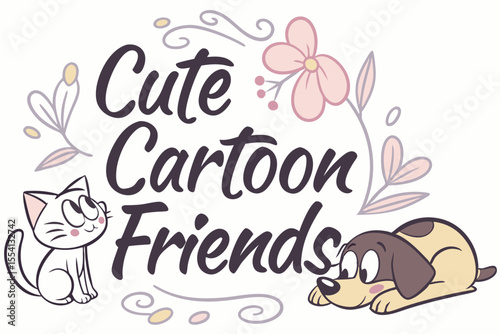 Charming cartoon cat and dog friends in elegant script design