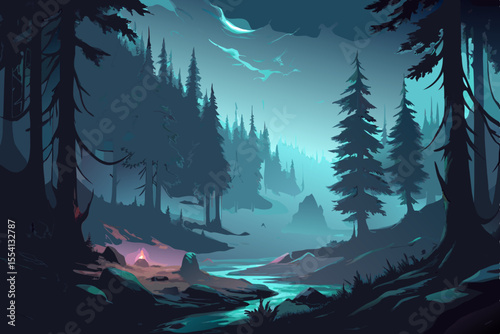 Serene Night in a Mystical Forest tranquil forest scene night with campfire and flowing stream forest night campfire stream trees pine trees coniferous forest dark