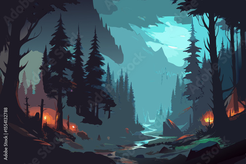 Enchanted Forest River Scene at Dusk mystical forest path with stream campfires and tall trees forest river stream trees pine trees coniferous forest campfire campfires