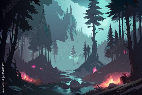 Enchanted Forest River and Mysterious Castle mystical forest scene with river glowing embers distant castle fantasy art digital painting forest landscape river scene mystical forest