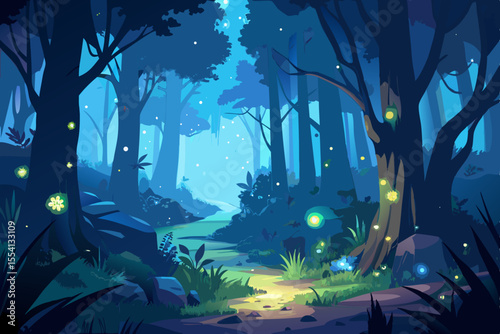 Enchanted Night Forest Path magical forest scene night illuminated fireflies enchanted forest night forest fireflies glowing magical forest fantasy forest path trees night dark blue