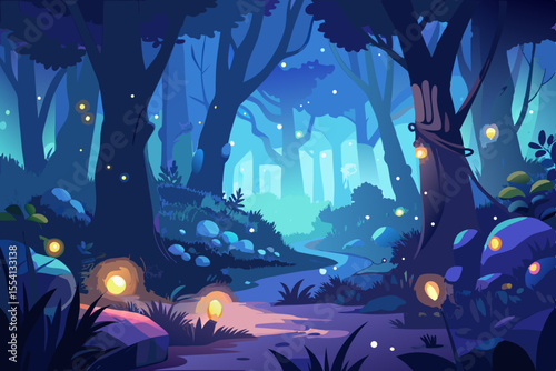 Enchanted Forest Path at Night magical forest scene with glowing lights and winding path enchanted forest night forest fantasy forest magical forest glowing lights fireflies