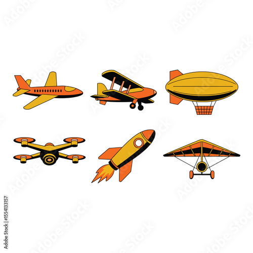 Collection of various aircrafts and flying machines isolated on white