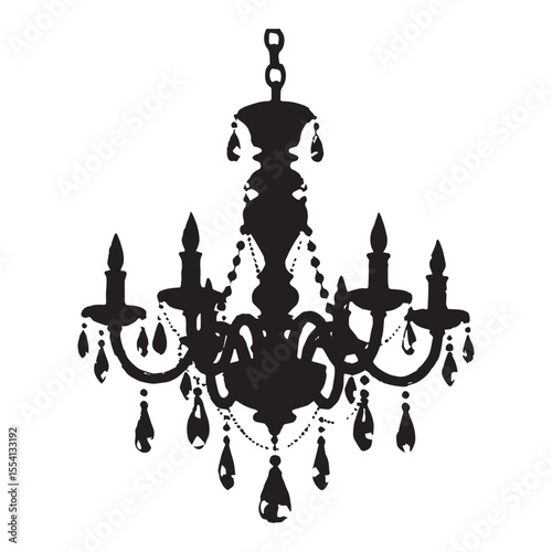 A black and white drawing of a chandelier Silhouette on white Background. 