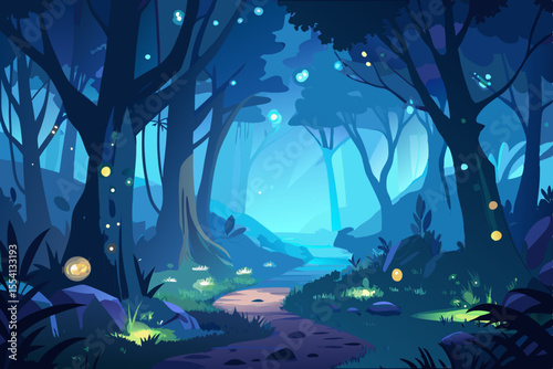 Enchanted Forest Path at Night magical forest path illuminated glowing orbs enchanted forest night forest fantasy forest magical forest glowing orbs fireflies fairy lights path