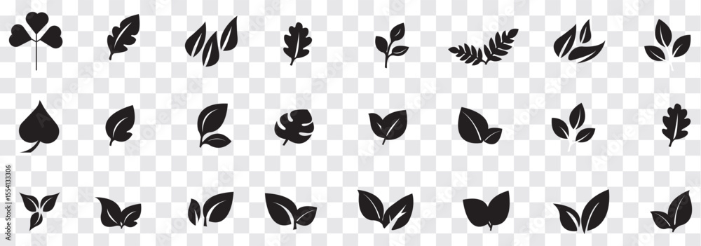 Obraz premium Black Leaf icon set. Eco friendly and bio logo, vegan. Leaves collection. Ecology leaf set. Leaf isolated on white background. Variety leaves Design. EPS 10.