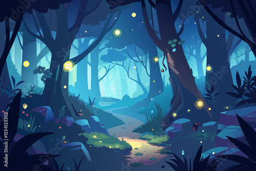 Enchanted Forest Path at Night mystical forest scene with glowing fireflies and winding path enchanted forest night forest fireflies glowing path winding path trees dark