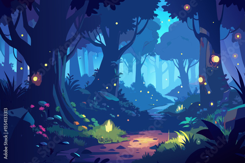 Enchanted Forest Path at Night mystical forest scene with glowing path enchanted forest night forest fantasy forest magical forest forest path glowing path fireflies bioluminescent