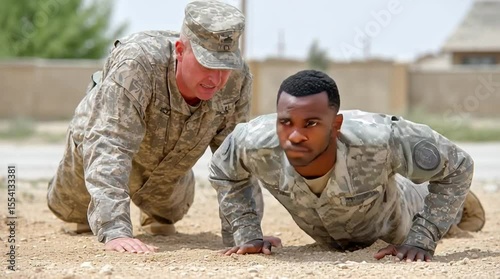 A military enlisted recruit does pushups while a drill sergeant yells at him during basic combat training