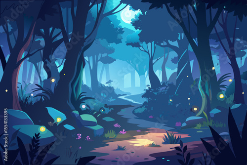 Enchanted Forest at Night with Firefly Glow vibrant stylized illustration mystical forest path night lit fireflies forest night fireflies fantasy magical path trees illustration landscape