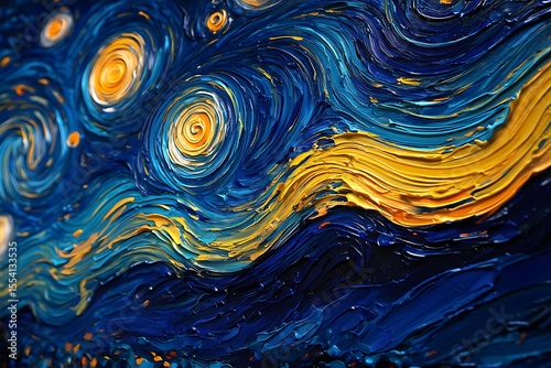 Captivating Impasto Swirls of a Starry Night Sky in Deep Blues and Golden Hues