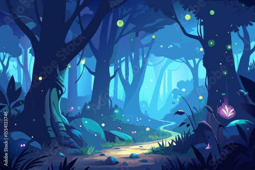 Enchanted Forest at Night with Glowing Lights vibrant stylized illustration magical forest night Pathway winds through the trees illuminated glowing lights fantasy forest night forest