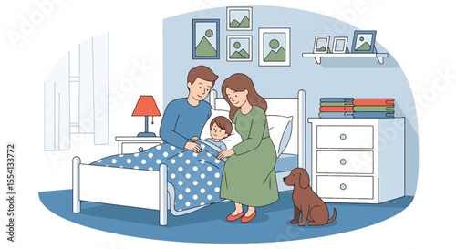 Adobe illustrator artwork vector illustration of mom and dad in the baby bedroom. Parents putting their child to sleep in a cozy room with a crib, dresser, lamp, and dog. Family bedtime scene.