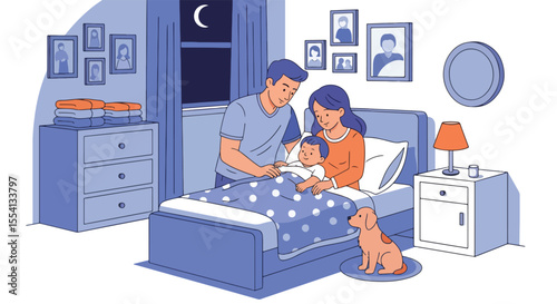 Adobe illustrator artwork vector illustration of mom and dad in the baby bedroom. Parents putting their child to sleep in a cozy room with a crib, dresser, lamp, and dog. Family bedtime scene.