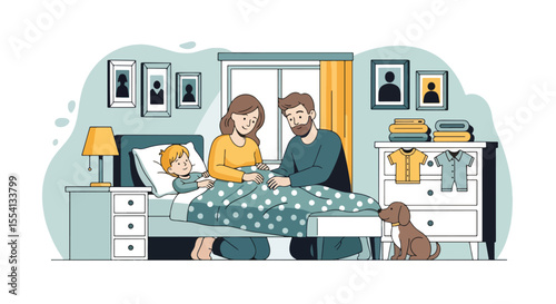 Adobe illustrator artwork vector illustration of mom and dad in the baby bedroom. Parents putting their child to sleep in a cozy room with a crib, dresser, lamp, and dog. Family bedtime scene.