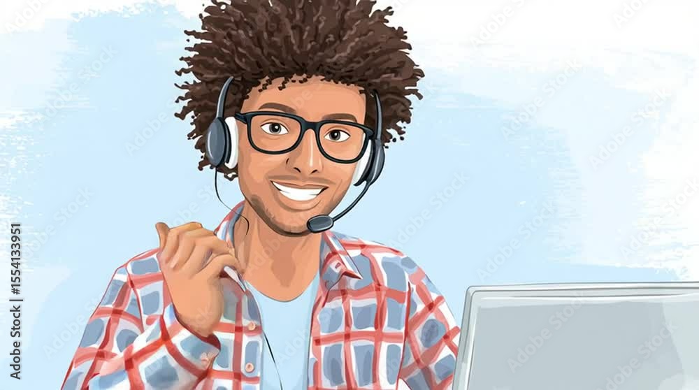 Animated friendly customer service representative speaks on a headset while working in a call center