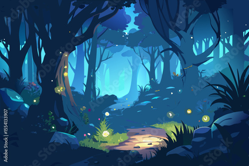 Enchanted Forest Path at Night mystical forest path illuminated fireflies night enchanted forest night forest forest path fireflies glowing magical fantasy illustration digital art dark