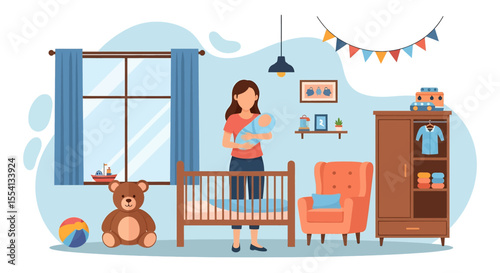 Adobe illustrator artwork vector illustration of a mother holding her baby next to the crib. A loving parenting scene in a cozy, decorated nursery room. Concept of motherhood and infant care.