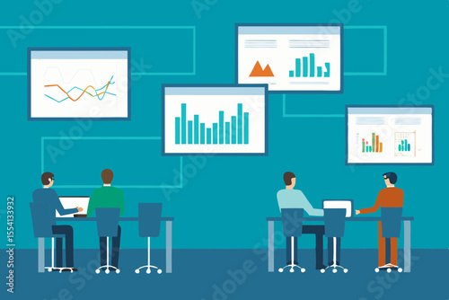 Business Team Analyzing Data on Multiple Screens Showing Charts and Graphs