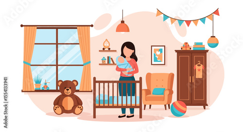 Adobe illustrator artwork vector illustration of a mother holding her baby next to the crib. A loving parenting scene in a cozy, decorated nursery room. Concept of motherhood and infant care.