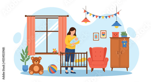 Adobe illustrator artwork vector illustration of a mother holding her baby next to the crib. A loving parenting scene in a cozy, decorated nursery room. Concept of motherhood and infant care.